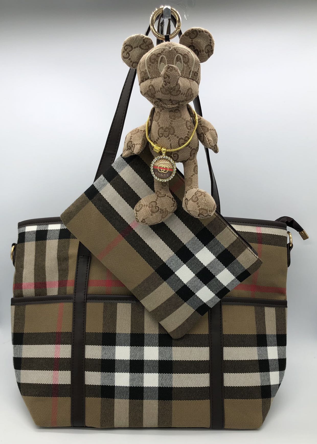 Beige Canvas Tote Bag w Wristlet