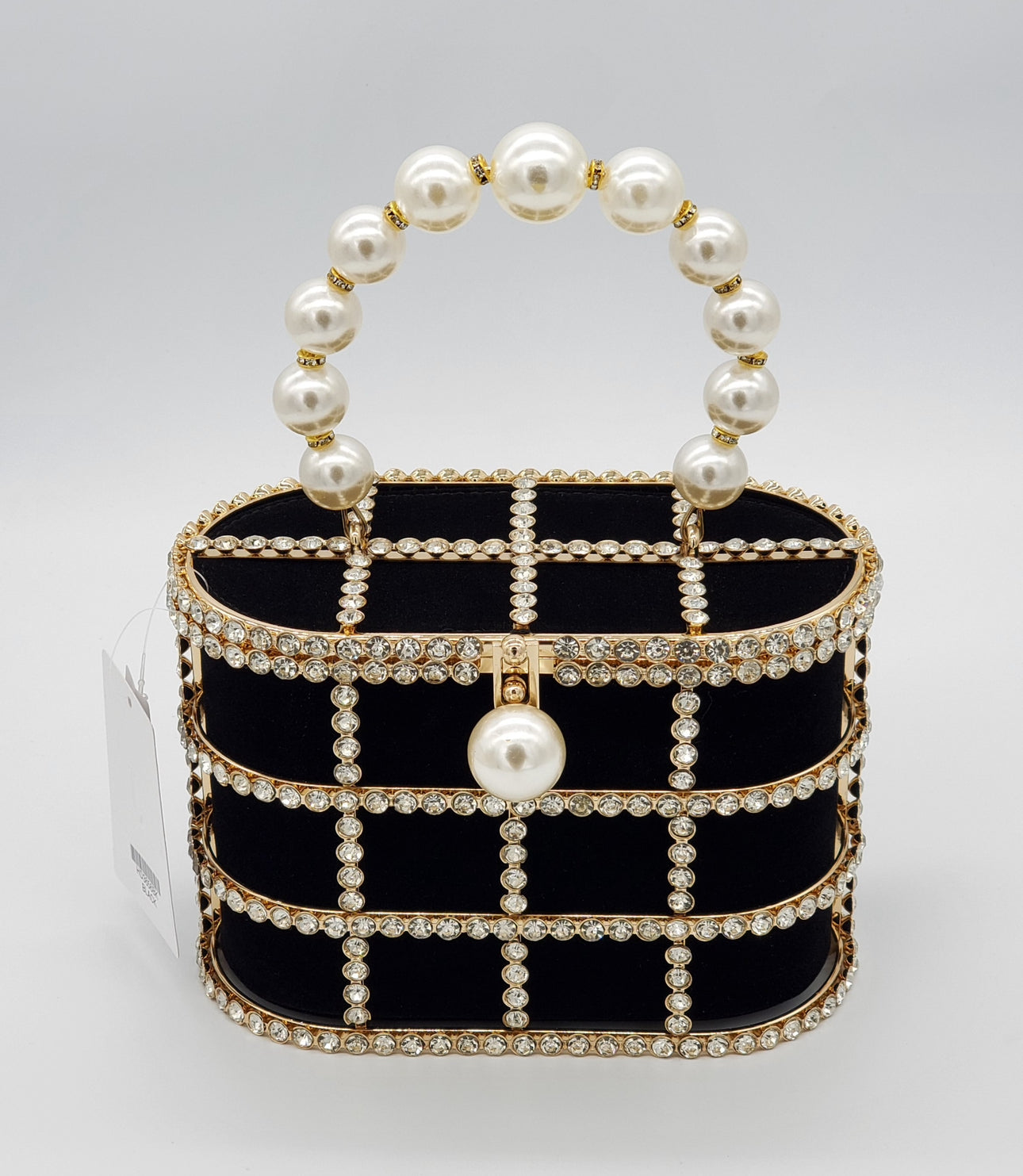 Cartera de noche con diamantes de imitación y cierre de perlas